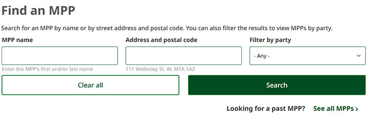 Screenshot of Find an MPP tool with fields for MPP name, address and postal code, and filter by party