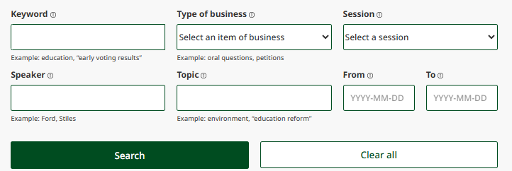 screenshot of Hansard search interface