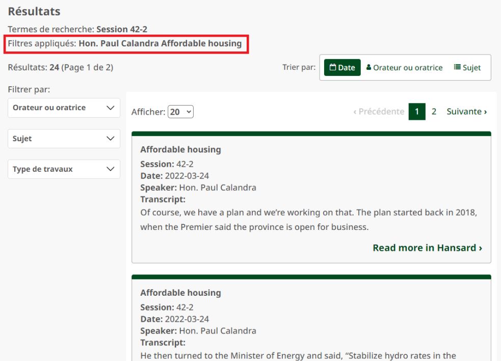 Interface de recherche du hansard affichant les options de filtre « Orateur ou oratrice », « Sujet » et « Type de traveaux »
