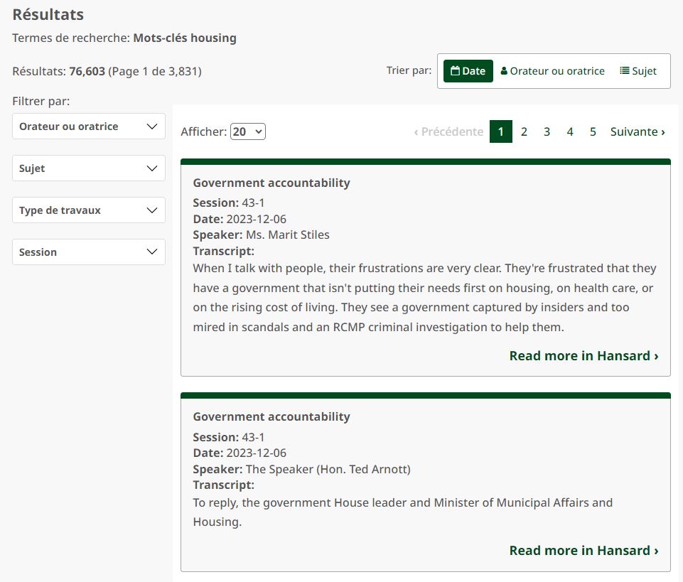 Interface de recherche du hansard affichant les options de filtre « Orateur ou oratrice », « Sujet » , « Type de traveaux » et « Session »