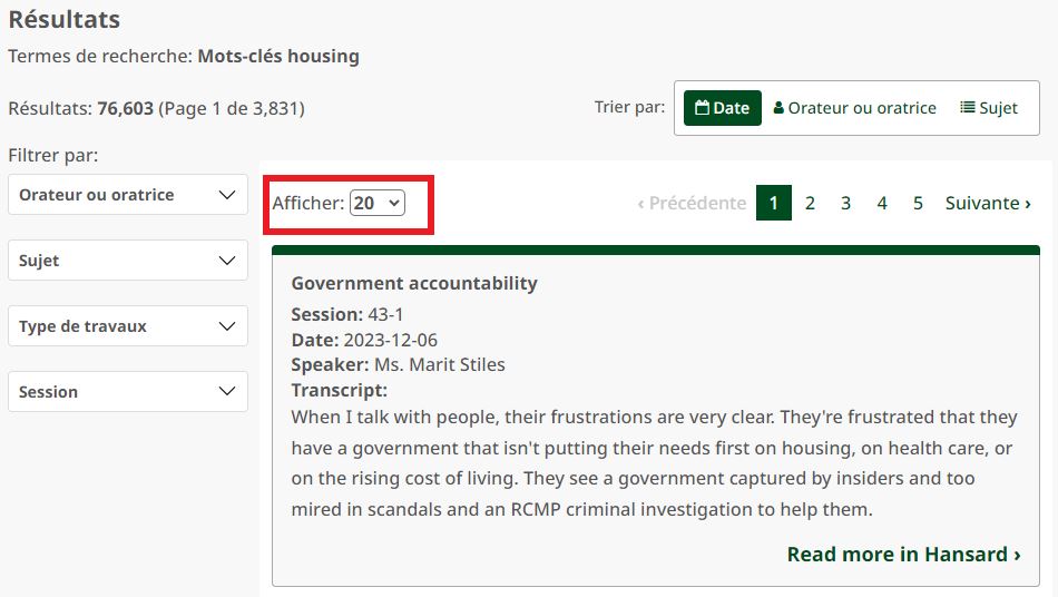 capture d'écran de l'interface de recherche du Hansard montrant le numéro 20 dans un menu déroulant à côté de l'œuvre « afficher »